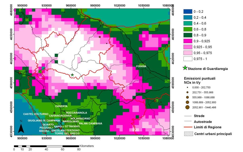 In Figura 26 è presentata l analisi di rappresentatività per il sito di Guardiaregia. Come per il sito di Arezzo Casa Stabbi, l area caratterizzata dalla verifica della condizione f sito (x,y)>0.