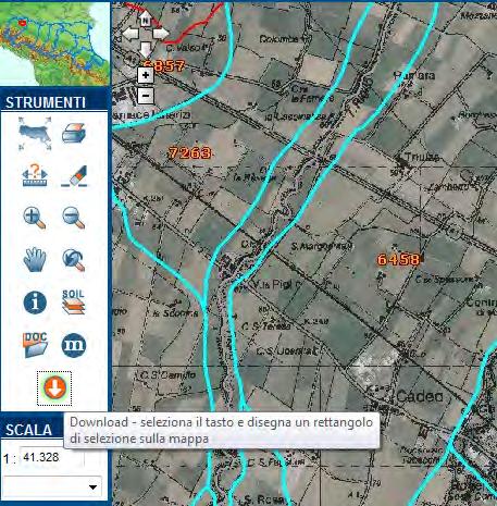 WEBGIS. Le operazioni di download si attivano cliccando l ultimo pulsante in basso nella sezione di sinistra. Si seleziona l area d interesse (una o più delineazioni) con un rettangolo.