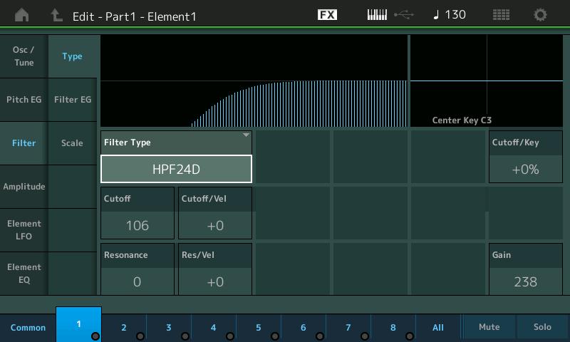 Normal Part (AWM2) Drum Part Normal Part (FM-X) /Audio Filter Type Nella schermata Type è possibile effettuare tutte le impostazioni per l'unità di filtro.