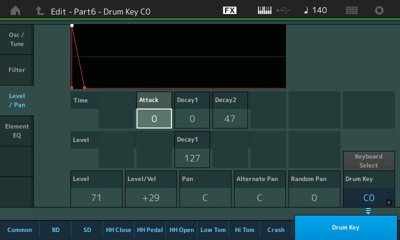 Normal Part (AWM2) Drum Part Normal Part (FM-X) /Audio Level/Pan Nella schermata Level/Pan è possibile effettuare le impostazioni di livello e pan per ciascun drum key.