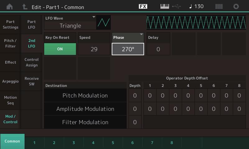 Normal Part (AWM2) Drum Part Normal Part (FM-X) /Audio Mod/Control (modulazione/controllo) Part LFO Stessi parametri di Element Edit per le parti normali (AWM2) (pagina 85), con l'eccezione dei