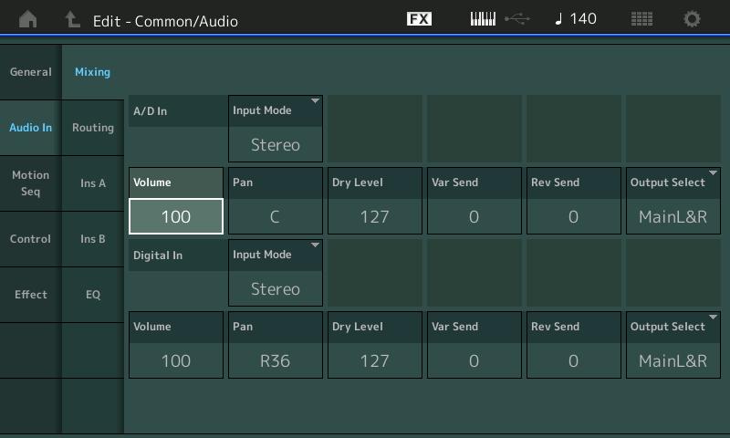 Normal Part (AWM2) Drum Part Normal Part (FM-X) /Audio Audio In Mixing Nella schermata Mixing è possibile regolare le impostazioni del volume della parte audio (il segnale di ingresso dai jack A/D