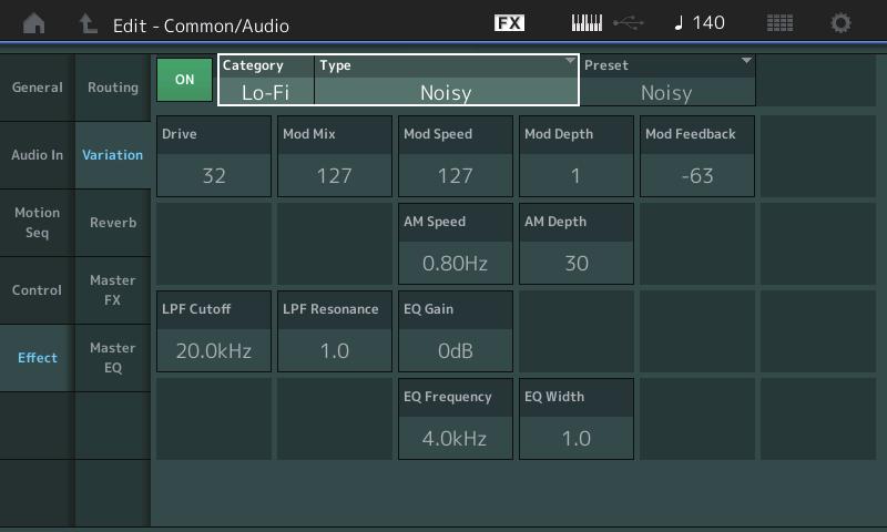 Normal Part (AWM2) Drum Part Normal Part (FM-X) /Audio Variation Da questa schermata è possibile determinare le impostazioni dettagliate dell'effetto Variation.