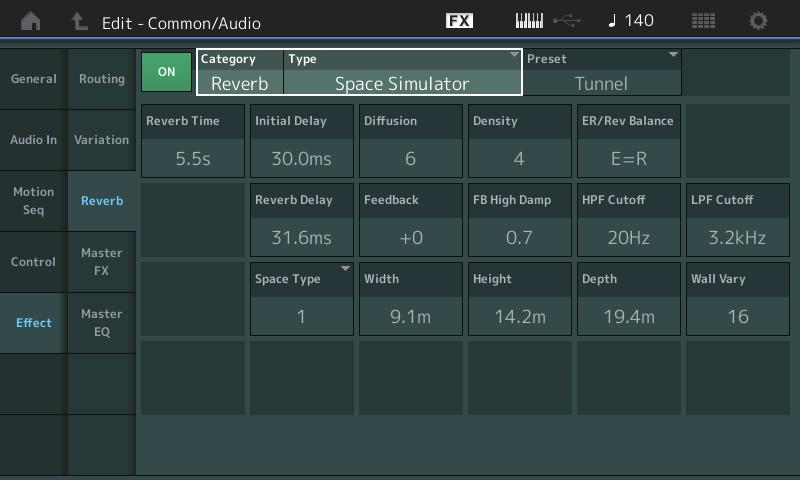 Normal Part (AWM2) Drum Part Normal Part (FM-X) /Audio Reverb Da questa schermata è possibile determinare le impostazioni dettagliate dell'effetto Reverb.