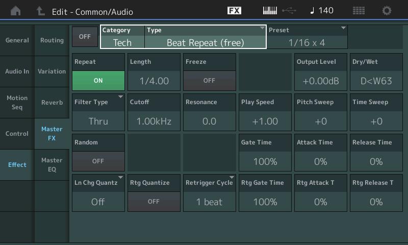 Normal Part (AWM2) Drum Part Normal Part (FM-X) /Audio Master FX (effetto Master) Da questa schermata è possibile determinare le impostazioni dettagliate dell'effetto Master.