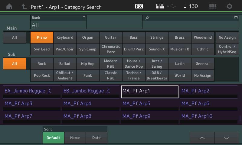 Arp. Category Search (ricerca per categoria di arpeggio) Nella schermata Category Search è possibile ricercare e selezionare i tipi di arpeggio.