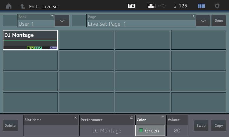 Live Set Edit (Edit) Nella schermata Live Set Edit è possibile modificare le esibizioni dal vivo (solo banco utente).