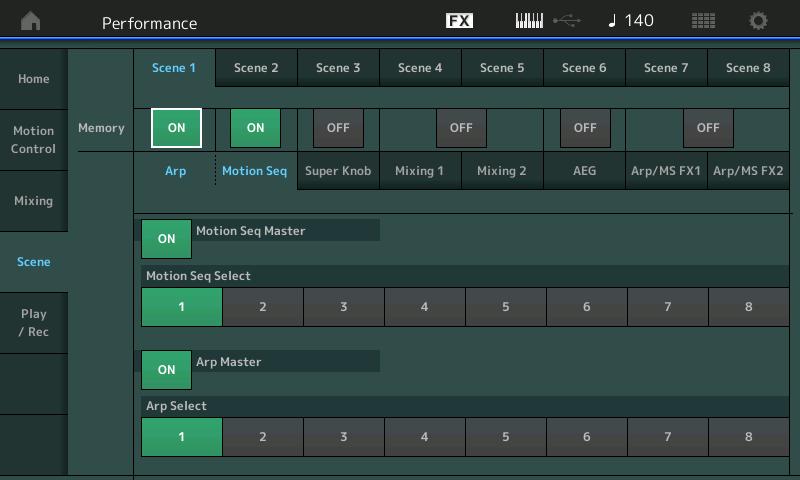 Scene È possibile memorizzare tutte le impostazioni dei parametri, quali il tipo di arpeggio, il tipo di sequencer di movimenti e i valori dei parametri della parte insieme sotto forma di "scena".