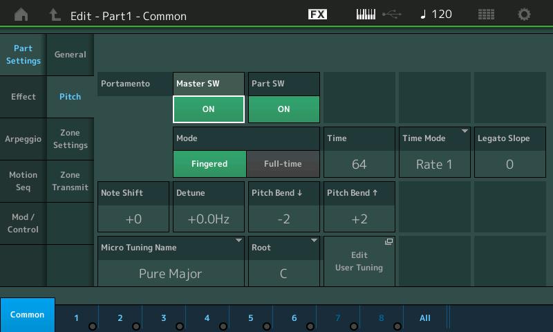 Normal Part (AWM2) Drum Part Normal Part (FM-X) /Audio Note Limit Determina la nota più bassa e la più alta dell'intervallo della tastiera per ciascuna parte.
