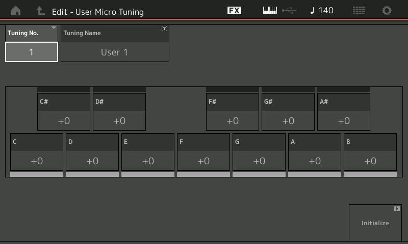 Normal Part (AWM2) Drum Part Normal Part (FM-X) /Audio Edit User Tuning Richiama la schermata di impostazione User Micro Tuning. Tuning No.