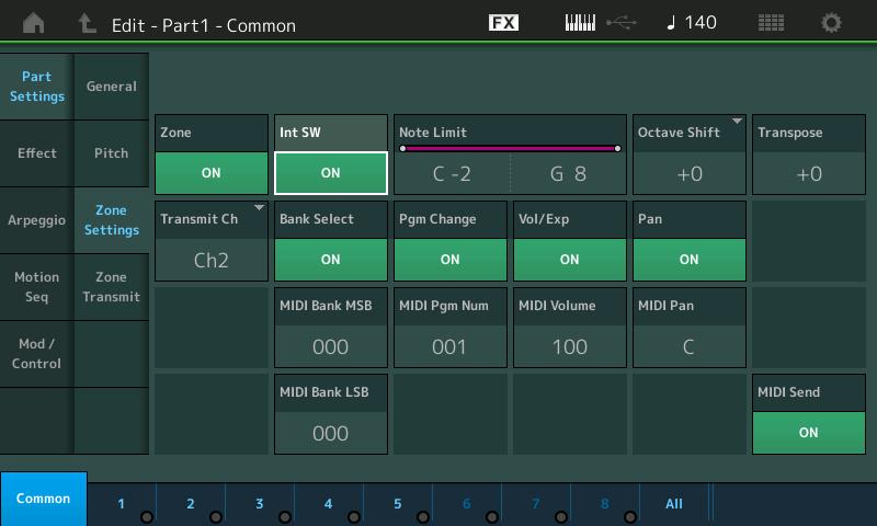 Normal Part (AWM2) Drum Part Normal Part (FM-X) /Audio Zone Settings Nella schermata Zone Setting è possibile impostare i parametri correlati alla zona.