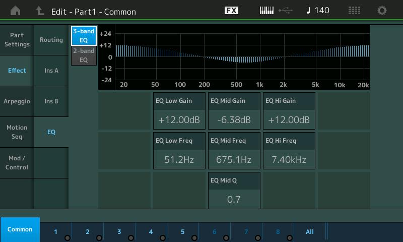 Normal Part (AWM2) Drum Part Normal Part (FM-X) /Audio Quando è selezionato "3-band " In questa schermata è possibile effettuare impostazioni per l'equalizzazione a 3 bande.