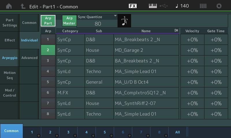 Normal Part (AWM2) Drum Part Normal Part (FM-X) /Audio Individual Nella schermata Individual è possibile impostare i parametri corrispondenti alle selezioni di arpeggio 1 8.