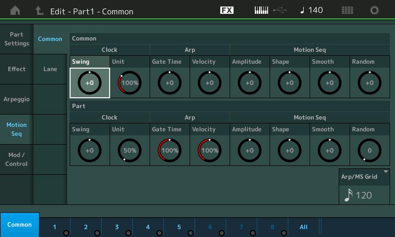 Normal Part (AWM2) Drum Part Normal Part (FM-X) /Audio Random SFX Key On Ctrl (controllo tasto premuto SFX casuale) Quando è impostato su "on", il suono Random SFX viene riprodotto con la velocità