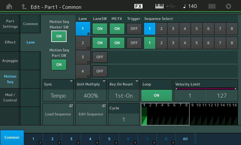 Normal Part (AWM2) Drum Part Normal Part (FM-X) /Audio Nella schermata è possibile impostare i parametri per ciascuna linea del sequencer di movimenti.