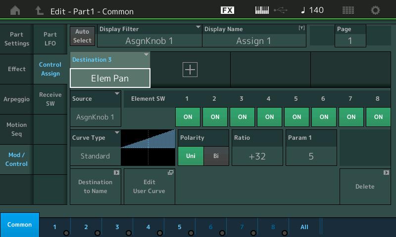 Normal Part (AWM2) Drum Part Normal Part (FM-X) /Audio Dalla schermata è possibile determinare le impostazioni di assegnazione del controller per la parte.