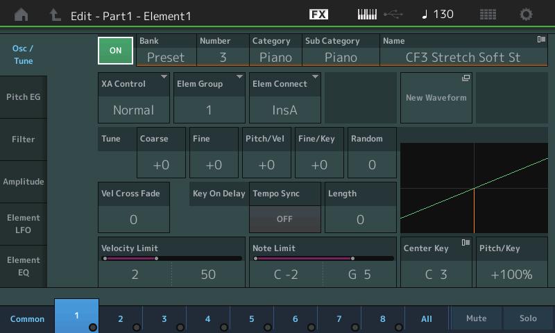 Normal Part (AWM2) Drum Part Normal Part (FM-X) /Audio Element Edit (elemento) Osc/Tune (oscillatore/accordatura) Dalla schermata Oscillator/Tune è possibile assegnare la forma d'onda (o il materiale