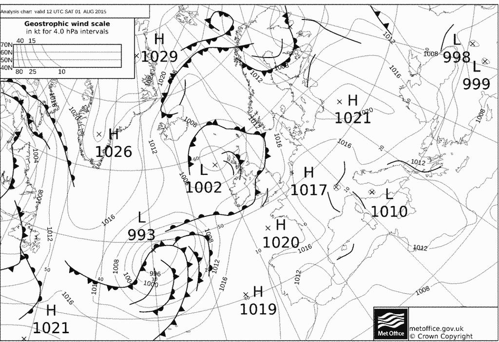 Immagine 2: pressione al suolo e fronti alle ore 12 UTC del 1 agosto; si noti la linea di instabilità tra Arcipelago