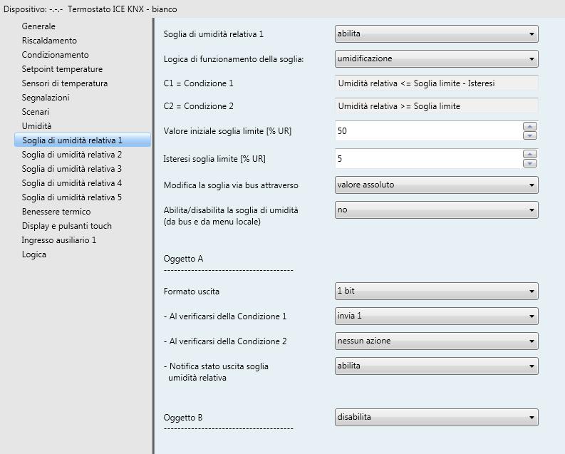 11 Menù Soglia di umidità relativa x Il dispositivo permette di configurare 5 soglie di umidità relativa alla quale associare l invio di diversi comandi bus al superamento del valore di soglia