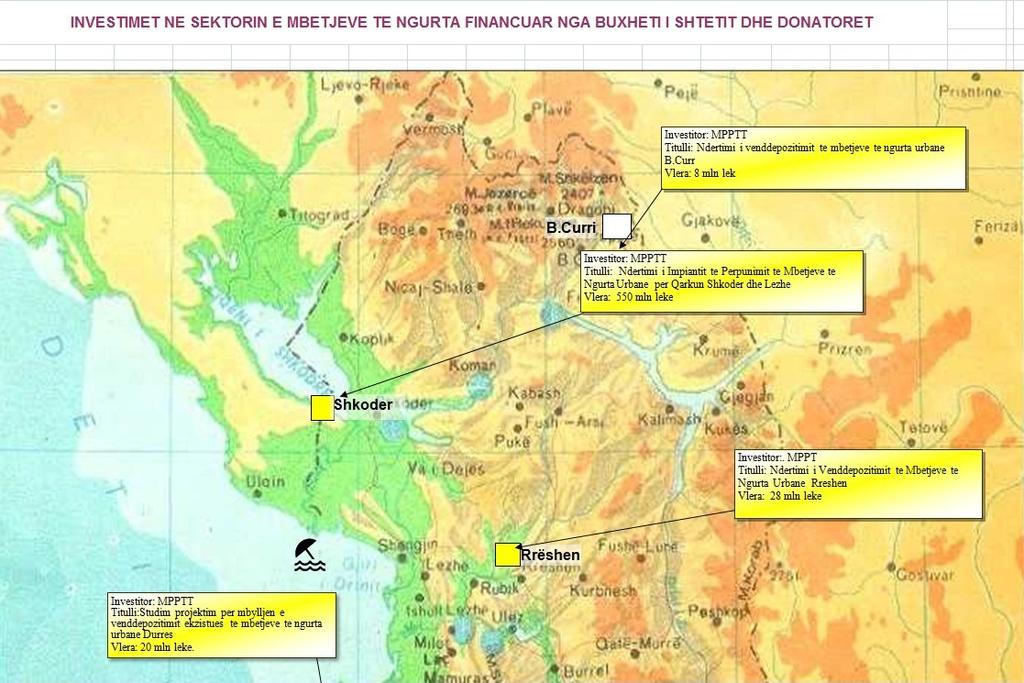 Mappa di Investimenti per i Rifiuti Solidi INVESTIMENTI NEL SETTORE DEI RIFIUTI SOLIDI FINANZIATO DAL BUDGET DELLO SATTO E DONATORI Investitore: MPPTT Titolo: Costruzione della discarica per I