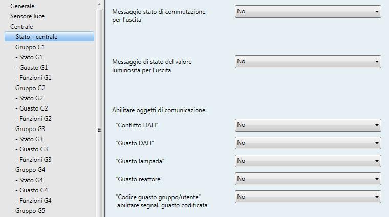 ABB i-bus KNX 3.2.3.1 Finestra parametri Stato - centrale In questa finestra parametri si parametrizza il comportamento dell'uscita selezionata.