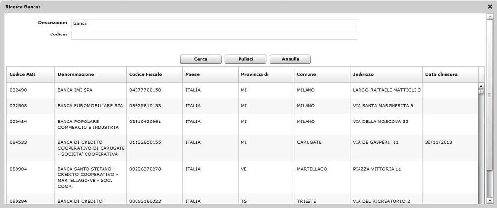 Da tale lista è possibile selezionare la banca di interesse effettuando un doppio click sulla riga selezionata, ottenendo l effetto di trasportare i valori degli attributi del soggetto selezionato