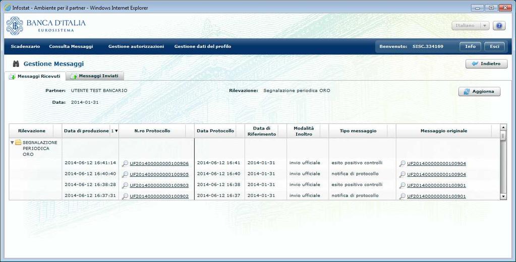 8.3. Attivazione dalle sezioni di Data Entry La funzione di consultazione può altresì essere richiamata dalle sezioni Gestione Messaggi presenti nelle pagine di accesso al Data Entry per le due