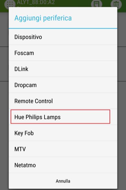 Figura 90 - Seleziona Philips Hue Lamp Avvicina fisicamente il Gateway alla Striscia Led Hue. Devono essere vicini.