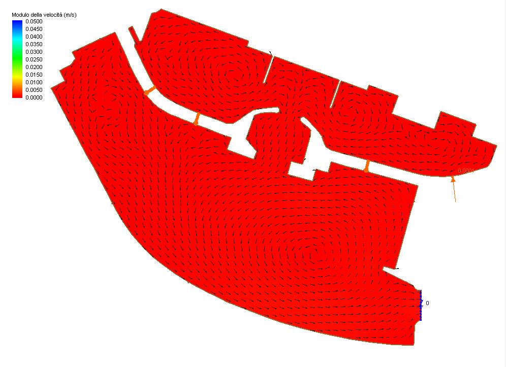Figura 2.11 Configurazione di progetto: particolare del campo idrodinamico indotto dalla marea astronomica e dall attuale impianto di miscelazione alle ore 21.
