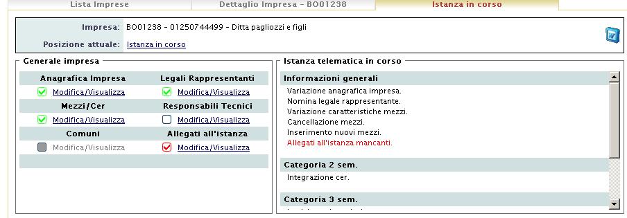 Istanze - Istanza telematica in corso Nella finestra istanza in corso sono riportate in