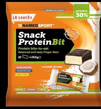 proteine 30% SUPERFOOD BEFORE DURING AFTER Snack ProteinBit Pratico sachet contentente 10 mini-barrette proteiche al gusto coconut dream, ricoperte con cioccolato fondente.