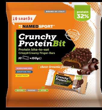 proteine 32% SUPERFOOD BEFORE DURING AFTER Crunchy ProteinBit Pratico sachet contentente 10 mini-barrette proteiche al gusto choco-brownie, ricoperte con cioccolato al latte.