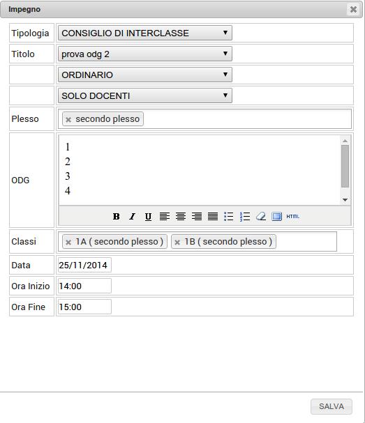 Questa tipologia di impegno è disponibile soltanto per le scuole primarie. Come negli impegni precedenti bisogna selezionare il titolo dell'ordine del giorno ed il/i modulo/i.
