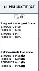 entrati in ritardo oppure sono usciti in anticipo: Inoltre cliccando sull'icona giustifiche del giorno è possibile vedere gli alunni giustificati con più dettagli come ad esempio il tipo di