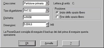 4 di 7 01/10/2006 11.55 Creiamo, con Partition Magic, la prima partizione destinata ad ospitare Windows 98.