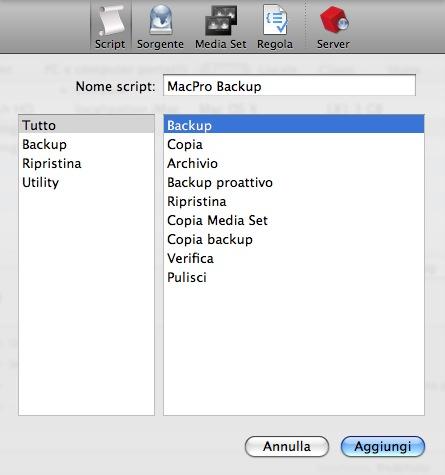 4. Dato che si sta creando uno script Backup, verificare che sia selezionata la categoria Tutto o Backup, quindi fare clic su Backup nell'elenco dei tipi di script sul lato destro della finestra di