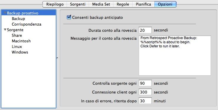 Per gli script Backup proattivo sono disponibili le opzioni specifiche seguenti: Consenti backup anticipato: quando questa opzione è selezionata (impostazione predefinita), gli utenti client possono