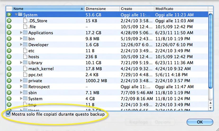 Fare doppio clic sul nome di un backup precedente per aprire il pannello dell'elenco dei file.