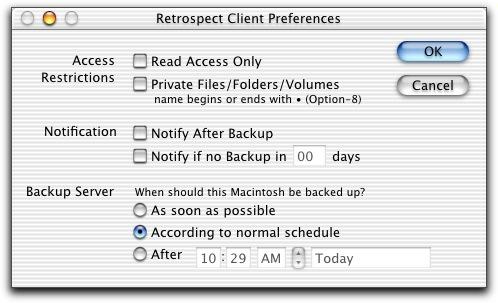 Le preferenze del pannello di controllo del Retrospect Client Mac OS X. Attesa chiusura determina quello che accade quando un utente client sceglie Chiudi dal menu Speciale di Scelta risorse.