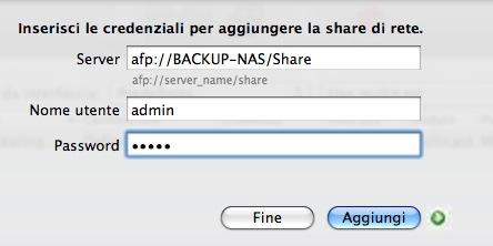 3. Nella parte inferiore della finestra di dialogo Sorgente, fare clic su Aggiungi share. Si apre una finestra di dialogo all interno della quale si richiedono le credenziali del server.