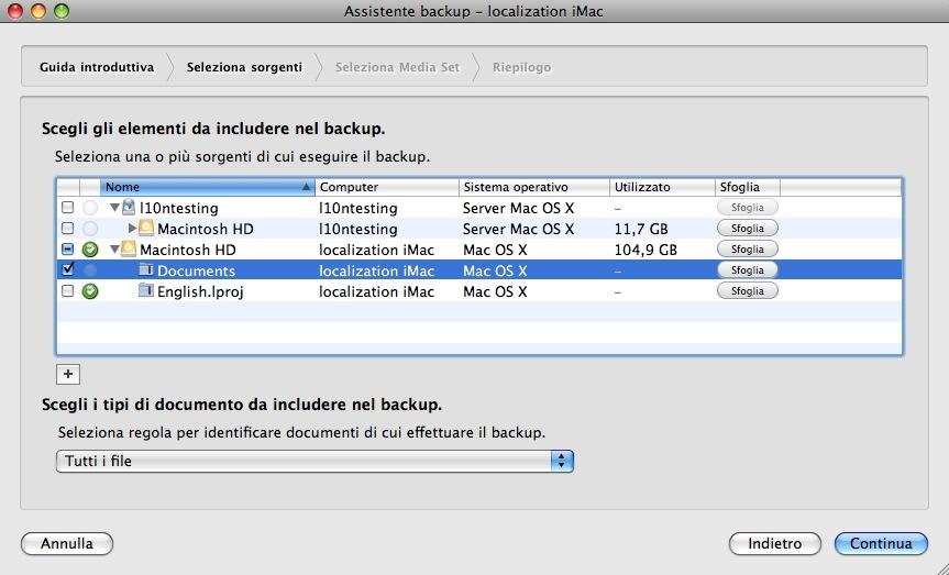 Nota: dall'assistente Backup, è possibile aggiungere nuovi client o cartelle preferite all'elenco Sorgenti.