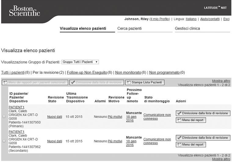 2-8 USO DEL SISTEMA LATITUDE NXT DI GESTIONE DEL PAZIENTE LA PAGINA VISUALIZZA ELENCO PAZIENTI up remoto programmato.