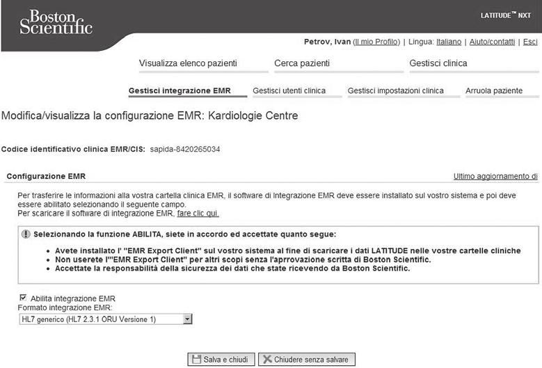 Registrare il Codice identificativo clinica EMR/CIS fornito in questa pagina (come illustrato di seguito).