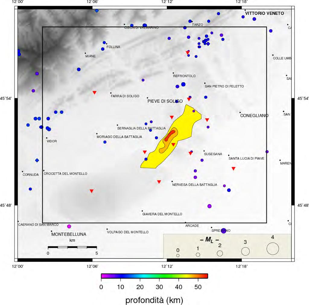 La Figura 35 mostra la mappa di tutti gli eventi sismici riconosciuti dalla Rete di Collalto anche con l ausilio delle stazioni del sistema di monitoraggio integrato dell Italia Nord- Orientale (NEI)