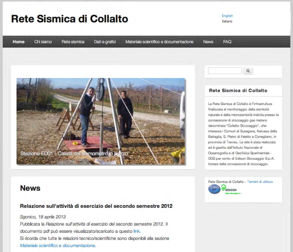 Figura 46 - Il portale di accesso al sito web della RSC (rete-collalto.crs.inogs.it). In Figura 47 è mostrata, a titolo di esempio, la pagina di accesso ai rapporti scientifici.