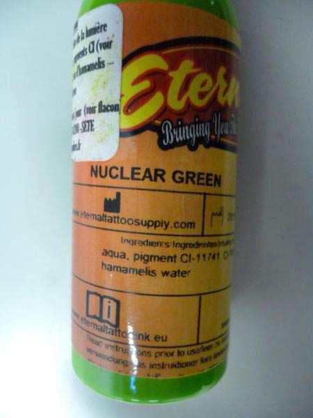 Category: Chemical products Product: Tattoo ink Brand: Eternal Ink Name: Nuclear green Type/number of model: Nuclear Green - FAB: 2015 Batch number/barcode: 03.02.