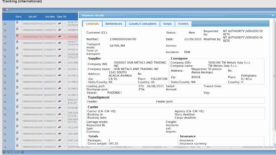 Tracing Il Tracking spedizione presenta l evoluzione del suo stato, con i dettagli delle date e dei passaggi nei punti di interesse. Gestione tramite il profilo utente di accessi.