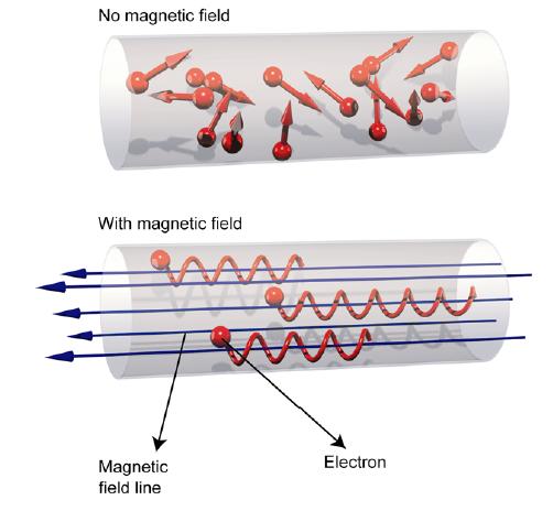 Effetto di un campo magnetico senza campo magnetico con campo magnetico - particelle cariche in un campo magnetico spiraleggiano attorno alle linee di forza del campo - il loro moto