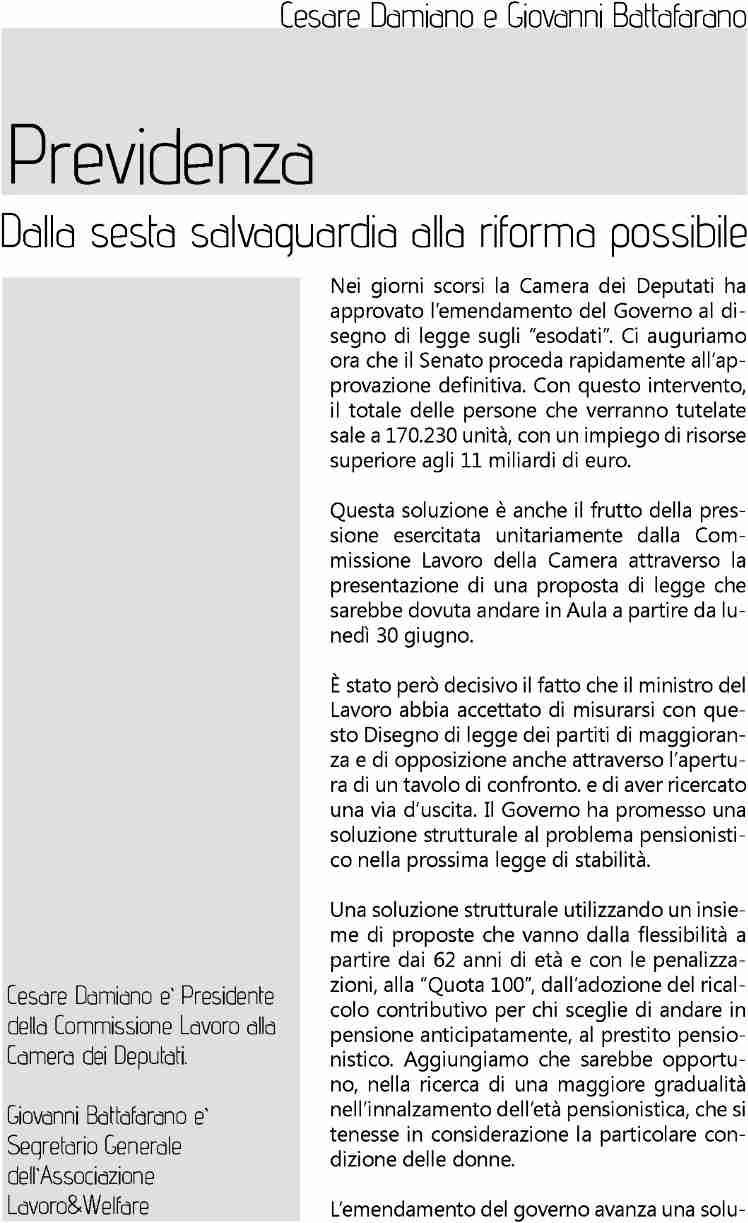 104 ATTUALITÀ POLITICA Lavoro Welfare