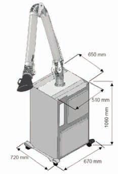 Portata massima 140 m 3 /h; braccio articolato da 3mt - Ø 160mm incluso; capacità di filtrazione 99%; superficie filtrante 1,03 m²; motore 230V 50 Hz.